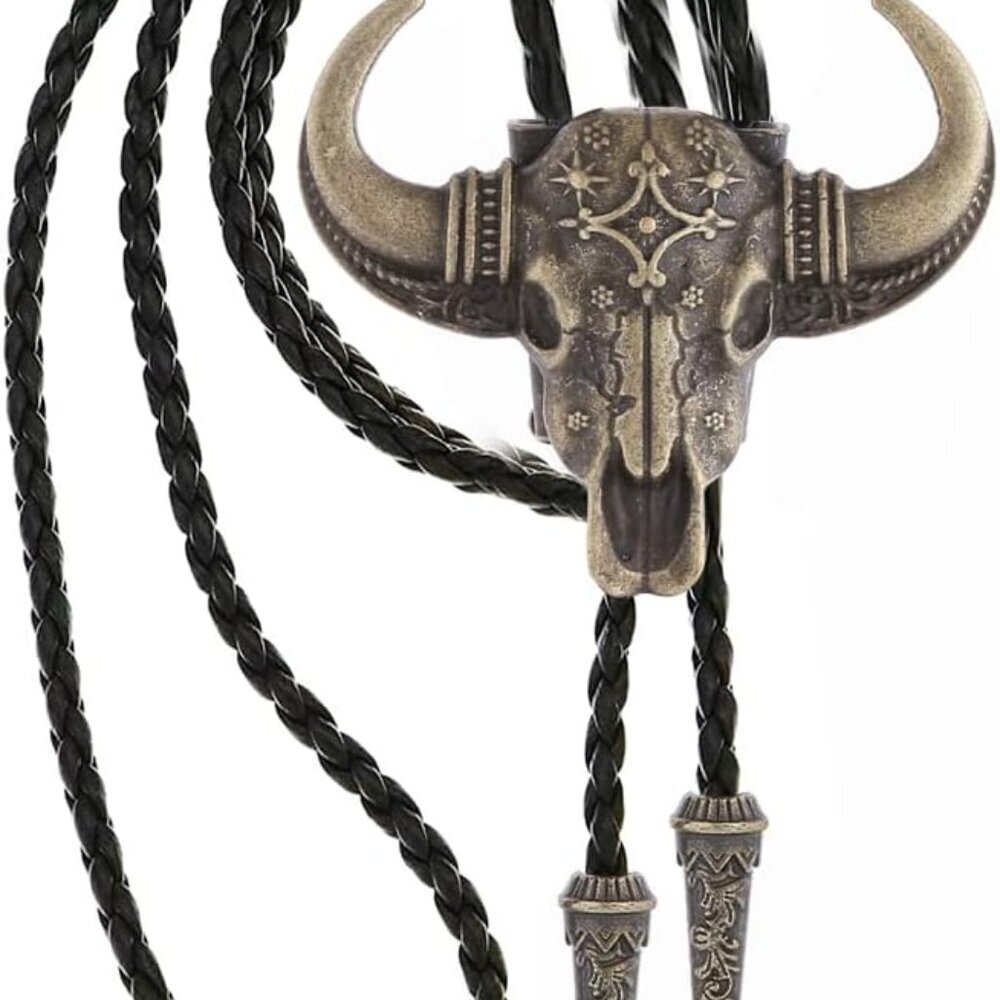 Longhorn Bull Bolo Tie for Men Native American Western Cowboy Leather Necktie Bo - Picture 2 of 6
